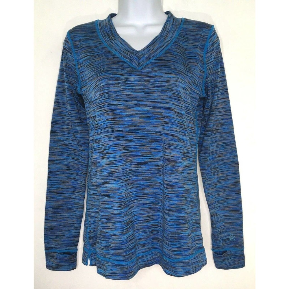 Cuddl Duds Flex Fit Size M Blue V Neck Long Sleeve Shirt Top Thumb Holes Space
